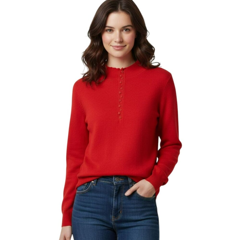 Favorite Daughter Red Merino Wool Henley Sweater XL Ultra Soft Rib Knit Button